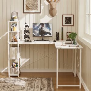 Rohový počítačový stůl s policemi a regálem, bílý, industriální loft, 144 cm