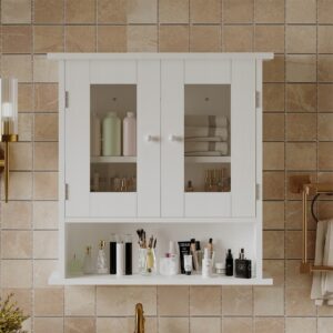 Závěsná koupelnová skříňka bílá, 2 dvířka, skleněná, nástěnná, loft, police 58 cm