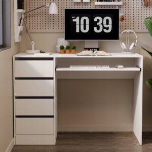 Bílý počítačový stůl pro mládež se stolem, moderní, se zásuvkami a policí