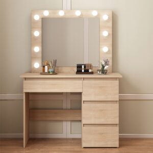 Hnědý LED kosmetický toaletní stolek se zrcadlem a 4 zásuvkami, prostorný do ložnice