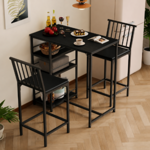 Barový Set Loft Černý – Stůl + 2 Barové Židle do Kuchyně