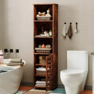 Úzká koupelnová skříňka, tmavě hnědá, rustikální styl, výška 88 cm