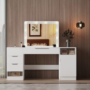 Velký toaletní stolek s LED zrcátkem, bílý, se zásuvkami na kosmetiku, ve stylu loft